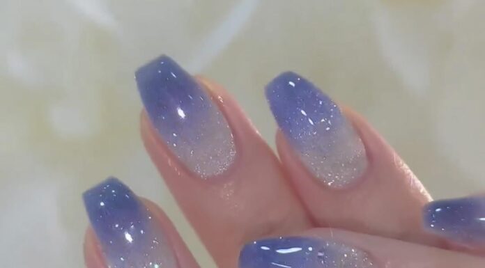 IFMOPETY Glossy Blue Galaxy Long Coffin Press On Nails，Blue Gradient Cat Eyes，Reusable Pretty Jelly Blue Nails for Daily Life，False Nails Set in 12 Sizes - 24 pcs Nail Kit
