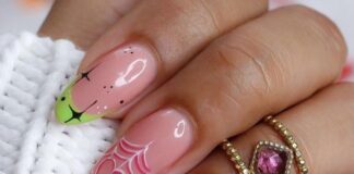 24 Pcs Halloween Press on Nails Short Almond - BHLFRH Pink Acrylic Fake Nails Press ons French Nail Art Tips Glue on Nails Pumpkin Ghost Spider Web Design Full Cover Glossy False Nails Stick on Nails