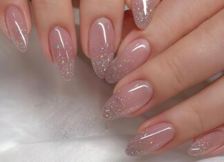 SINSEN Almond Press on Nails Medium, Glossy Glitter French Nail Tips Purple Fake Nails, Full Cover False Nails Design with Glitters, Artificial Stick on Nails for Women - 24Pcs