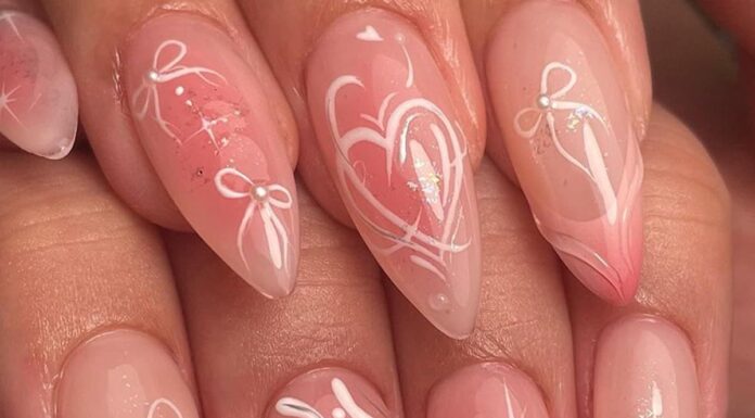 24 Pcs Pink Press on Nails Short Almond - SHANRUN Ombre French Fake Nails Press ons Nail Art Tip Glue on Nails Butterfly Bow-Kont Design Full Cover Artificial Acrylic False Nails Stick on Nails Kit