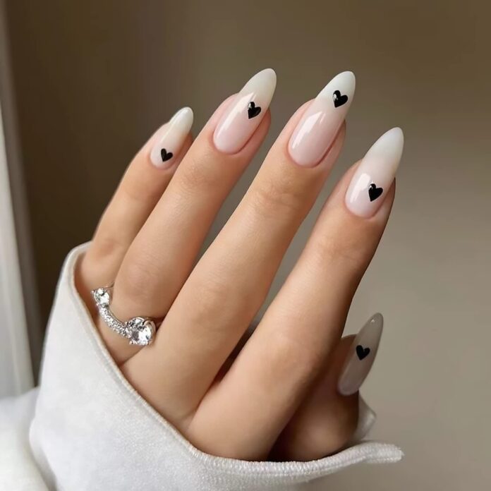 SINHOT Heart Press on Nails Medium Almond Fake Nails White Gradient Stiletto Acrylic Nails Glossy Glue on Nails Designs False Nails 24 pcs