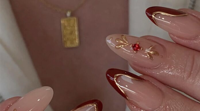 BABALAL Press on Nails Almond Medium Fake Nails Brown French Glue on Nails 3D Texture Gold Chrome Design Acrylic Nails Y2k Vintage False Nails 24Pcs Stiletto Handmade Artificial Nails