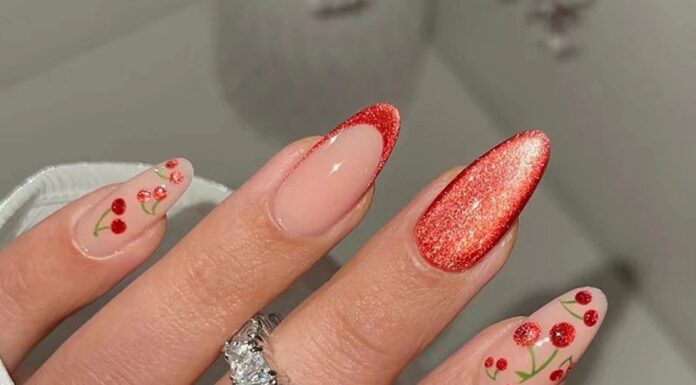 MISUD Press on Nails Medium Almond Fake Nails Glossy Glue on Nails Red Cat Eye Acrylic Nails Stiletto Artificial Nails French Tip Stick on False Nails with Cute Cherry Design 24 pcs
