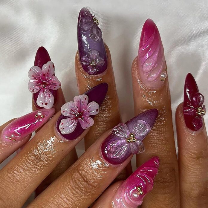 24 Pcs Almond Press on Nails Medium Length Fake Nails with 3D Flower Full Cover False Nails Acrylic Nails Press ons Artificial Nails Fall Winter Glue on Nails Almond False Nails Manicure for Women