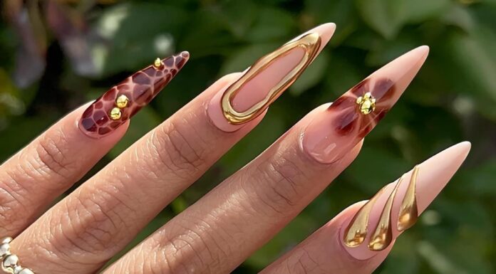 BABALAL Press on Nails Long Stiletto Fake Nails Brown Glue on Nails Flower Coquette Acrylic Nails 3d Txture Gold Chrome Design False Nails 24Pcs Stiletto Handmade Manicure Stick on Nails