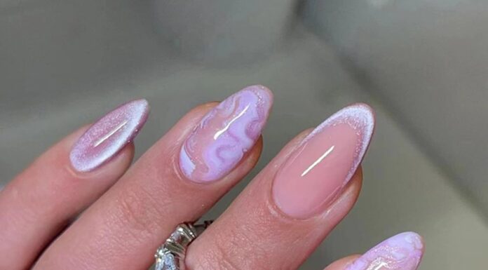 24Pcs Purple Press on Nails Medium Almond - WLGDLH Cute Cat Eye Fake Nails Nude False Nails Press ons Full Cover French Nail Tips with Purple Glitter Design Acrylic Nail Kit Stick on Nails for Women