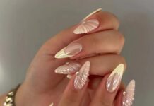 BABALAL Almond Press on Nails Medium Fake Nails Yellow Design French Glue on Nails Pearl White Acrylic Nails 3D Texture Design Manicure Bling False Nails 24Pcs Handmade Stiletto Stick on Nails