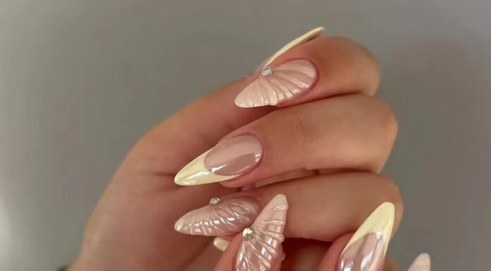 BABALAL Almond Press on Nails Medium Fake Nails Yellow Design French Glue on Nails Pearl White Acrylic Nails 3D Texture Design Manicure Bling False Nails 24Pcs Handmade Stiletto Stick on Nails
