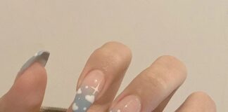 FULZTEY Coffin Press on Nails French Glossy Pink-Blue Cloud Full Cover Medium False Nails for Women Ballerina Nail Art DIY Acrylic Fake Nail Tips Stick on Nails 24Pcs