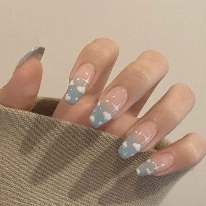 FULZTEY Coffin Press on Nails French Glossy Pink-Blue Cloud Full Cover Medium False Nails for Women Ballerina Nail Art DIY Acrylic Fake Nail Tips Stick on Nails 24Pcs