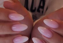 Tyuimhx Pink White Gradient Press On Nails - Medium Almond French Tip Glossy Full Cover Stick On Acrylic Ombre Artificial Nails 24 Pcs