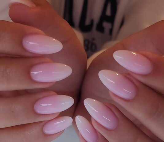 Tyuimhx Pink White Gradient Press On Nails - Medium Almond French Tip Glossy Full Cover Stick On Acrylic Ombre Artificial Nails 24 Pcs