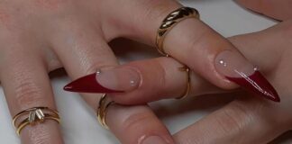 BABALAL Long Press on Nails Stiletto Fake Nails Dark Red French Tip Glue ons Nails Bow Pearl Charm Design Acrylic Nails 24Pcs Goth Almond Manicure False Nails