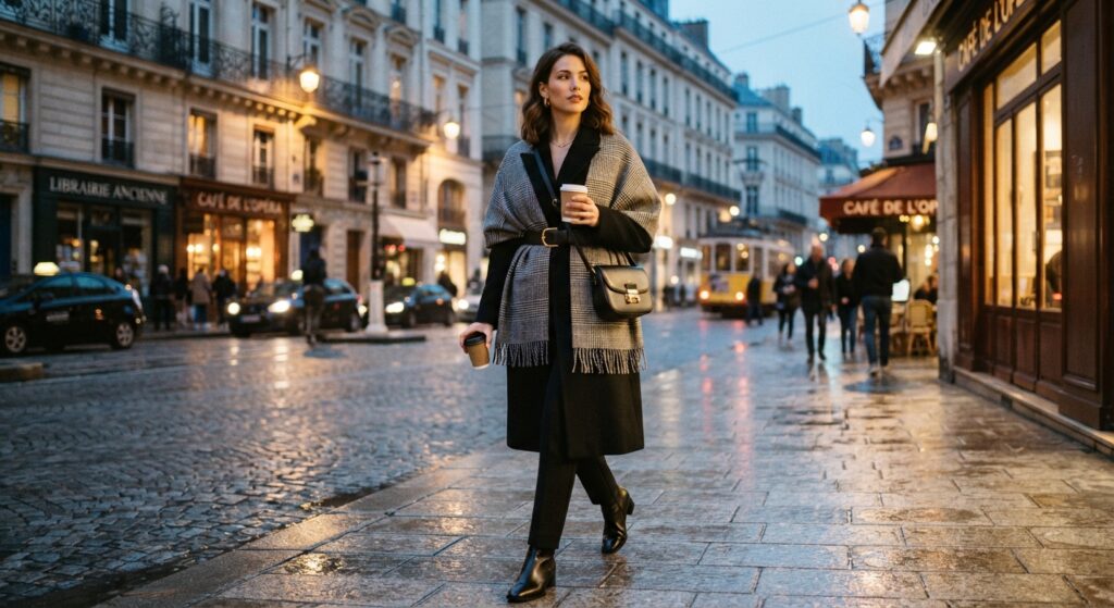 Woman wearing a black coat with a blanket scarf belted over it