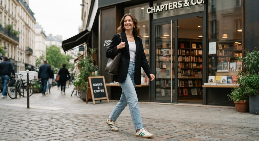 Woman wearing a black blazer and light-wash denim for weekend casual wear