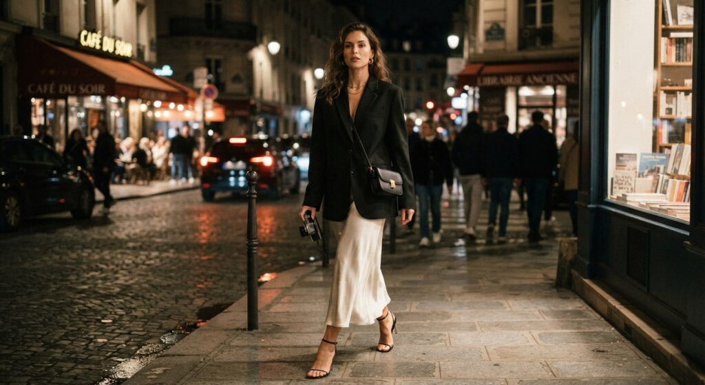 Woman wearing a black blazer and silk slip skirt on a night out