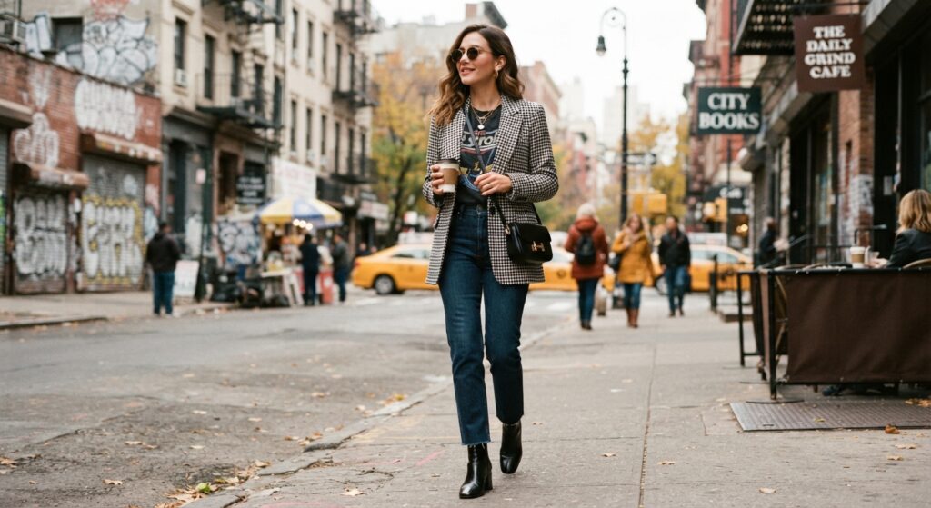 Woman wearing a houndstooth blazer over a graphic tee and jeans