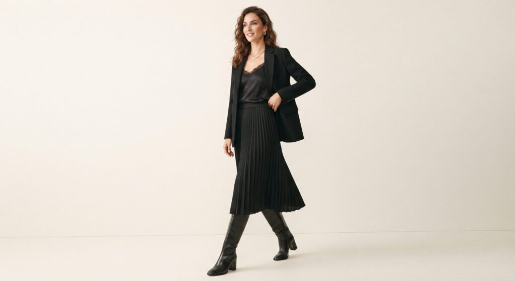 Woman wearing an oversized black blazer and pleated midi skirt