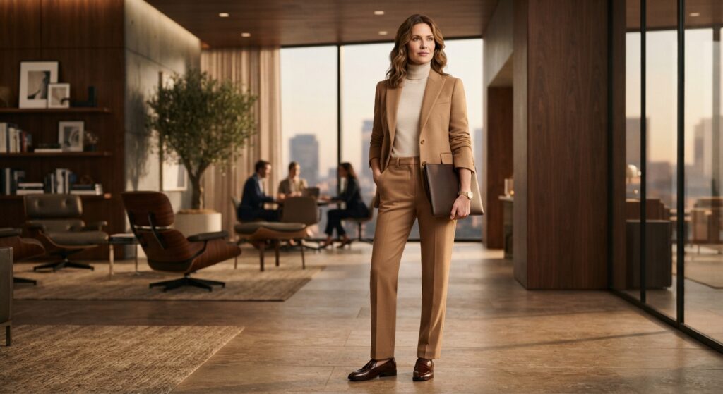 Woman wearing a camel wool blazer and matching trousers