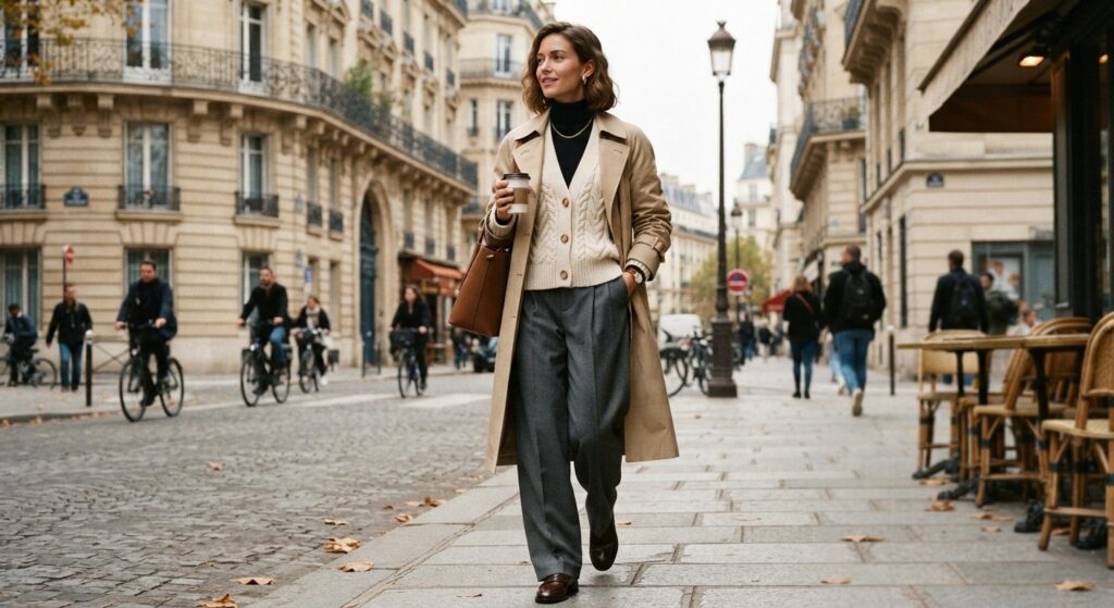 Woman wearing a chunky cardigan layered under a trench coat