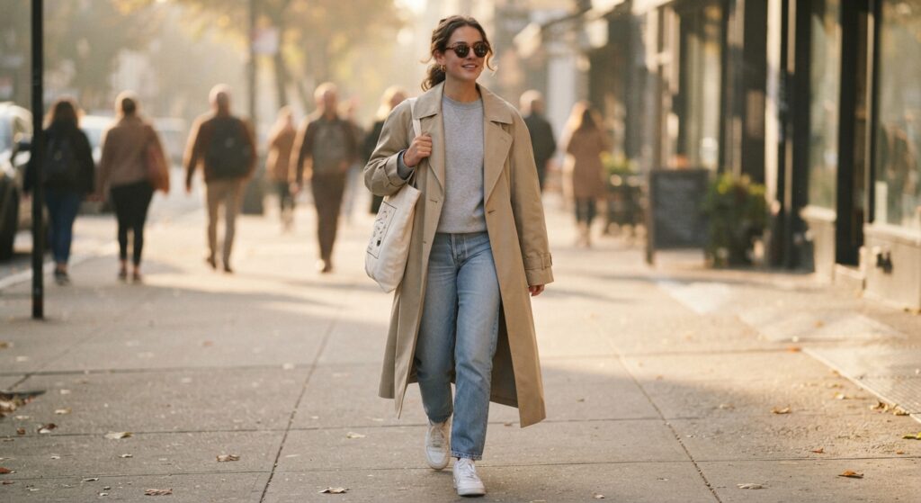 Woman wearing trench coat, grey sweatshirt, and jeans for a weekend walk