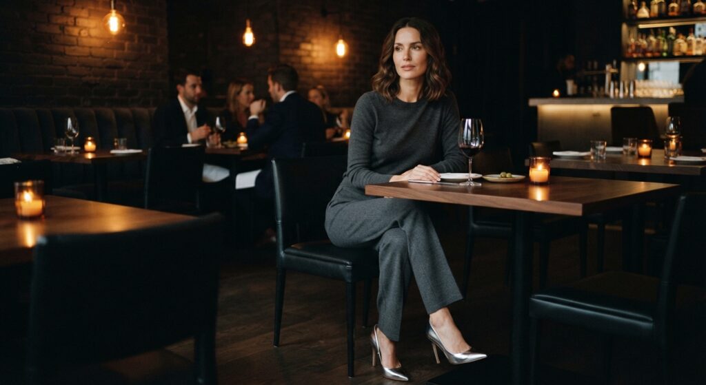 Woman wearing a grey cashmere knit set and silver heels for a date