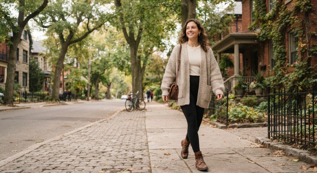 Woman walking in an oatmeal cardigan and black leggings