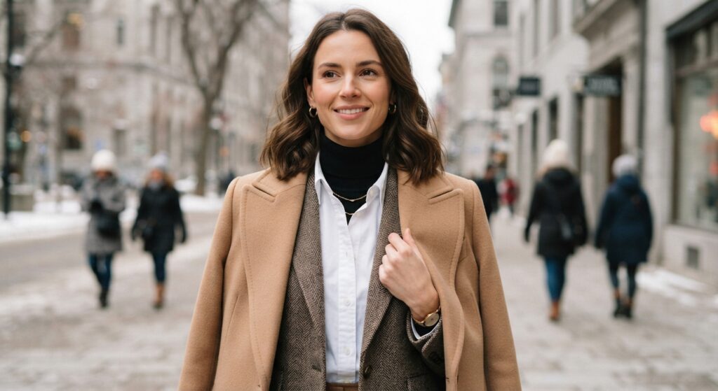 Close-up of a woman wearing layered winter clothes including a blazer and coat