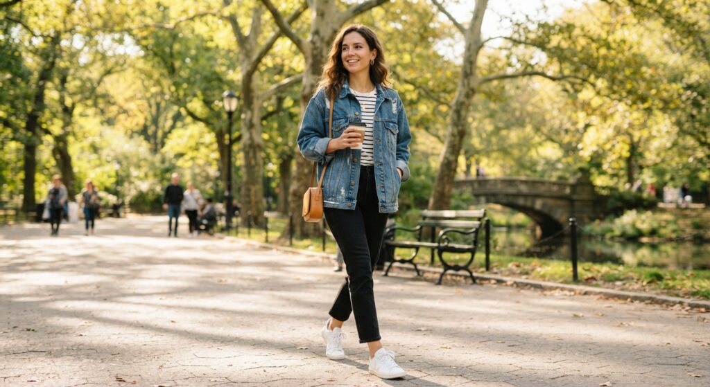 Woman wearing a denim jacket and striped top with black jeans
