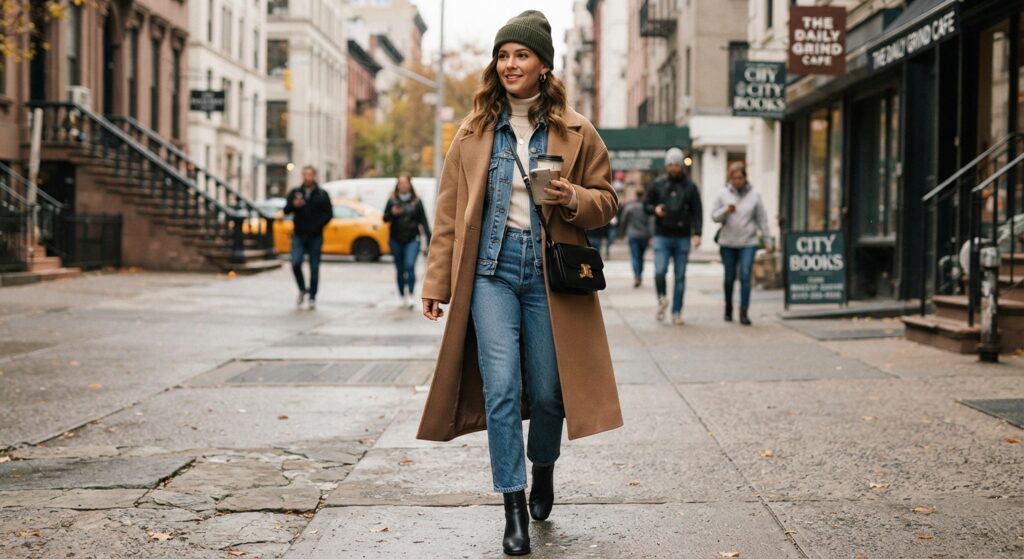 Woman wearing a denim jacket layered underneath a camel wool coat