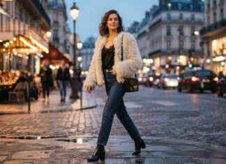 Woman wearing a neutral faux-fur jacket and dark denim jeans