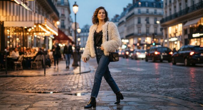 faux-fur-jacket-date-night-outfit Woman wearing a neutral faux-fur jacket and dark denim jeans