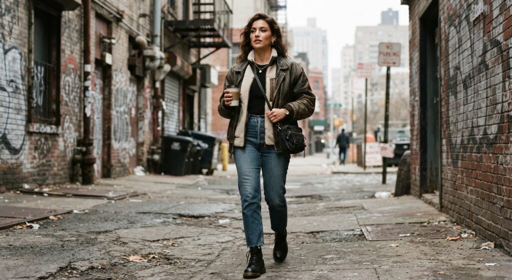 Woman wearing a fleece vest under a distressed leather jacket