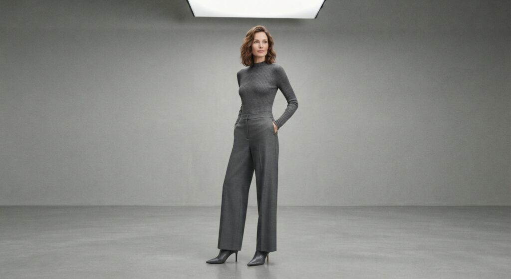 Woman wearing a matching grey knit set and pointed boots