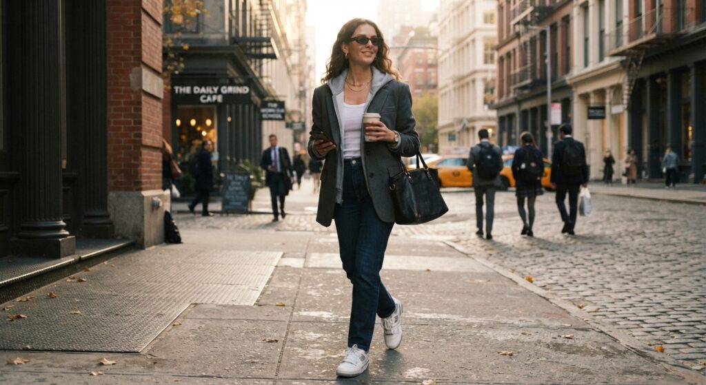 Woman wearing a grey hoodie layered under a structured wool blazer