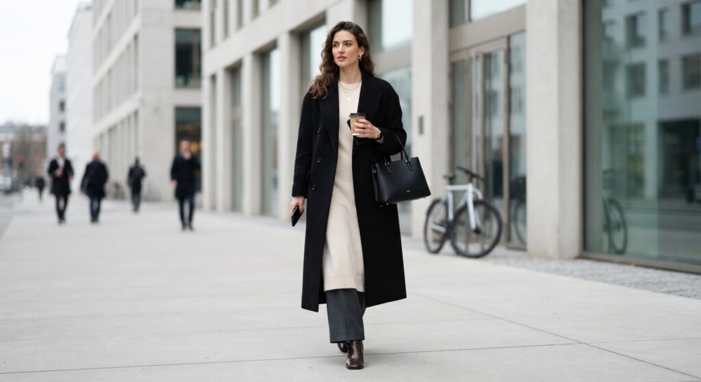 Woman wearing a knit midi dress layered over trousers and a wool coat