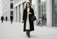 Woman wearing a knit midi dress layered over trousers and a wool coat