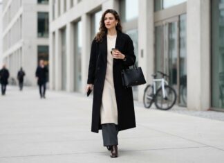 Woman wearing a knit midi dress layered over trousers and a wool coat
