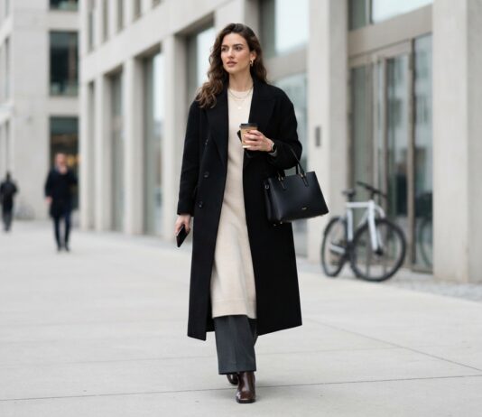 Woman wearing a knit midi dress layered over trousers and a wool coat