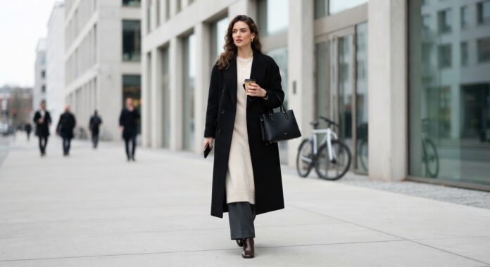 knit-dress-over-trousers-layering-outfit Woman wearing a knit midi dress layered over trousers and a wool coat