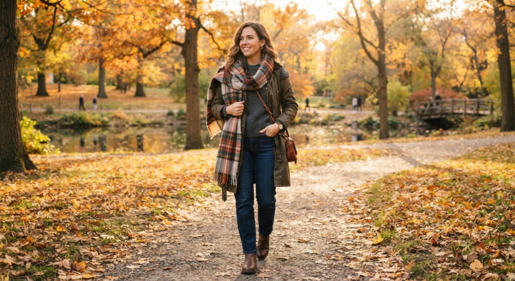 Woman wearing a heavy grey sweater and plaid scarf with a trench coat