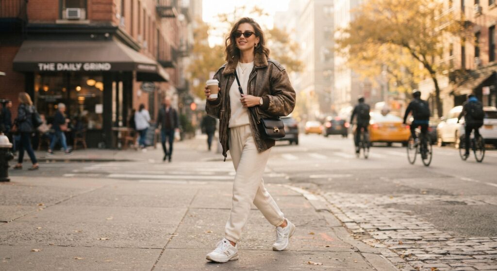Woman wearing a brown leather bomber jacket over cream sweats