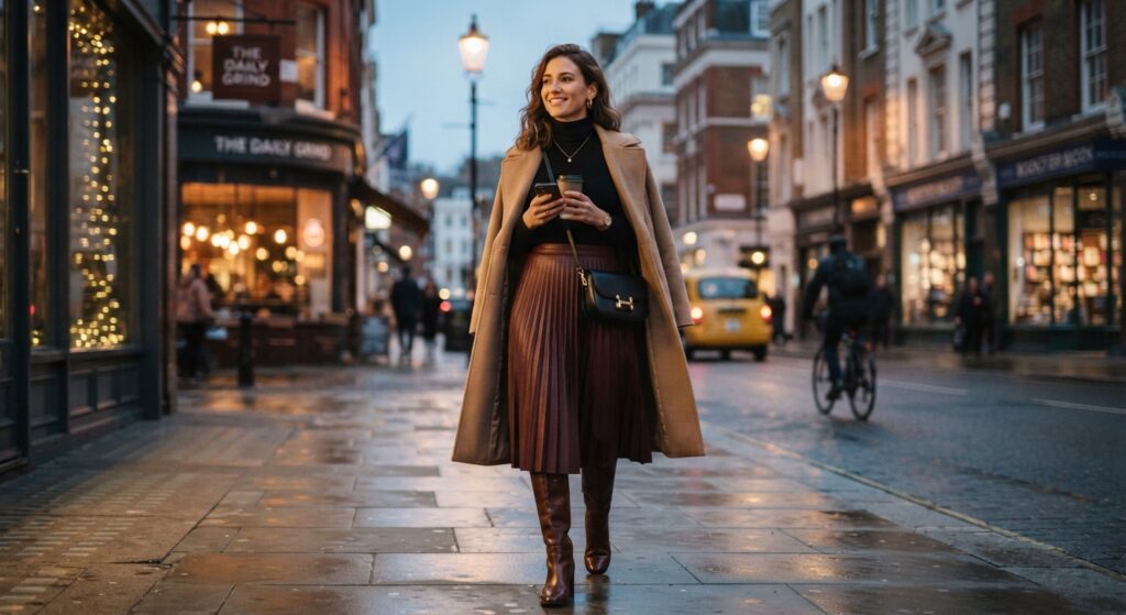 Woman wearing a black turtleneck and burgundy leather skirt