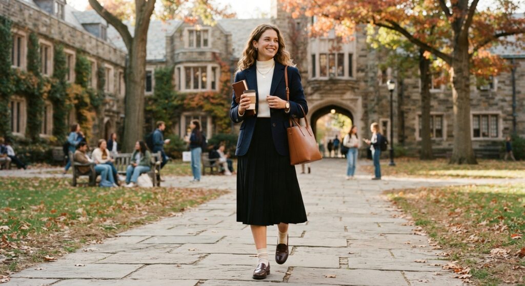 Woman wearing a navy blazer and pleated skirt on a campus