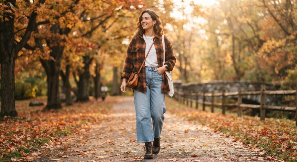 Woman wearing a plaid flannel shirt and wide-leg denim