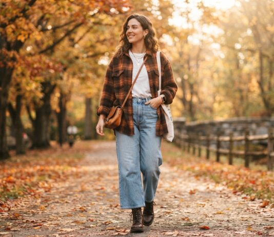 10 Chic Coffee Run & Weekend Casual Outfits Woman wearing a plaid flannel shirt and wide-leg denim