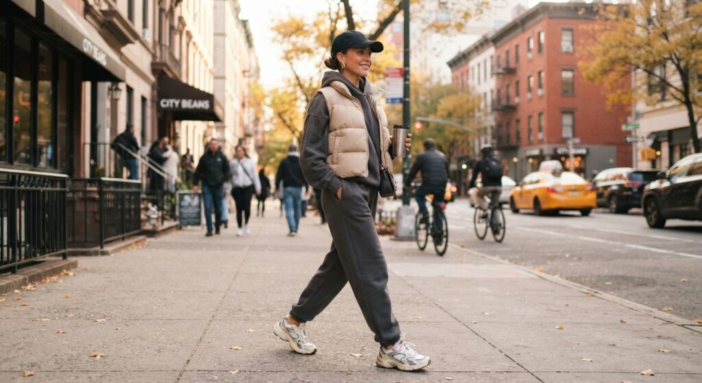 Woman wearing a beige puffer vest and grey hoodie for casual wear