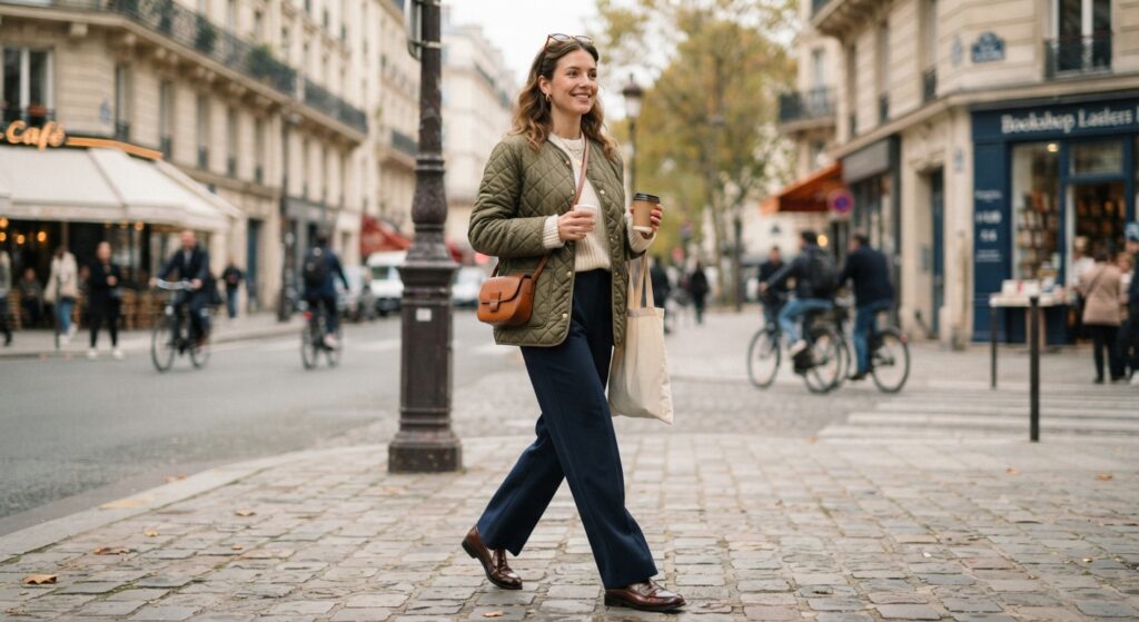 Woman wearing a khaki quilted jacket and navy trousers