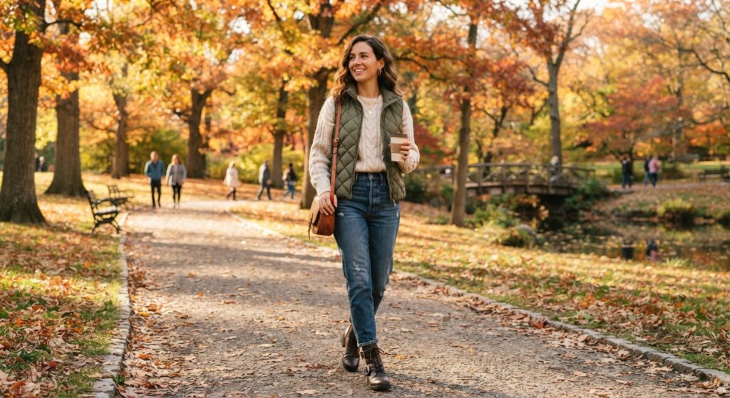 Woman wearing a quilted vest over a wool sweater for cold weather