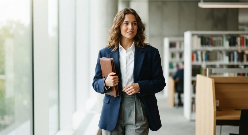 Professional woman wearing a navy blazer and grey trousers in a library